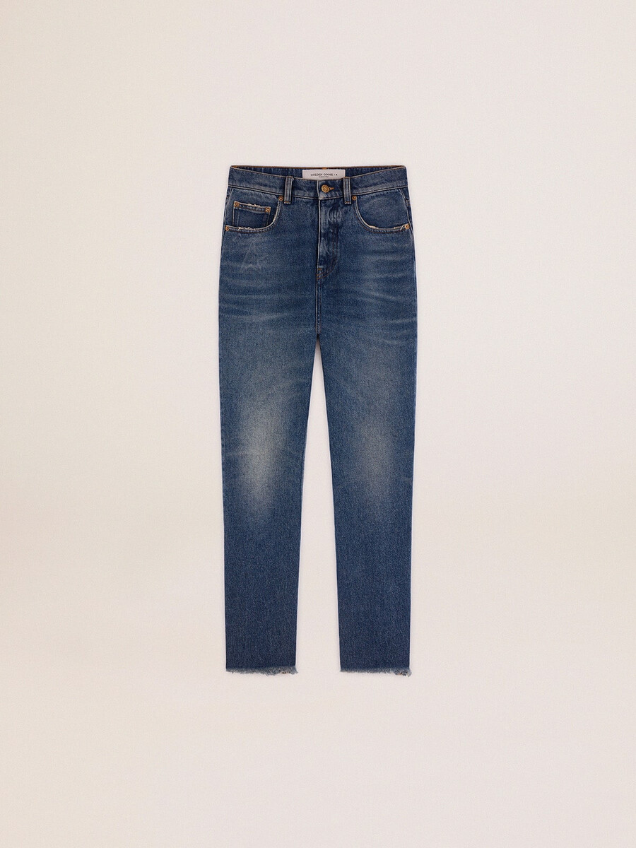 cropped flared jeans voor dames met een mediumblauwe wassing.
