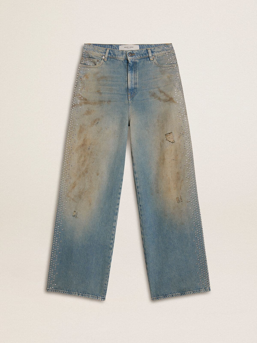 dames boyfriend jeans met een gedragen look zandkleurige wassing en studs.