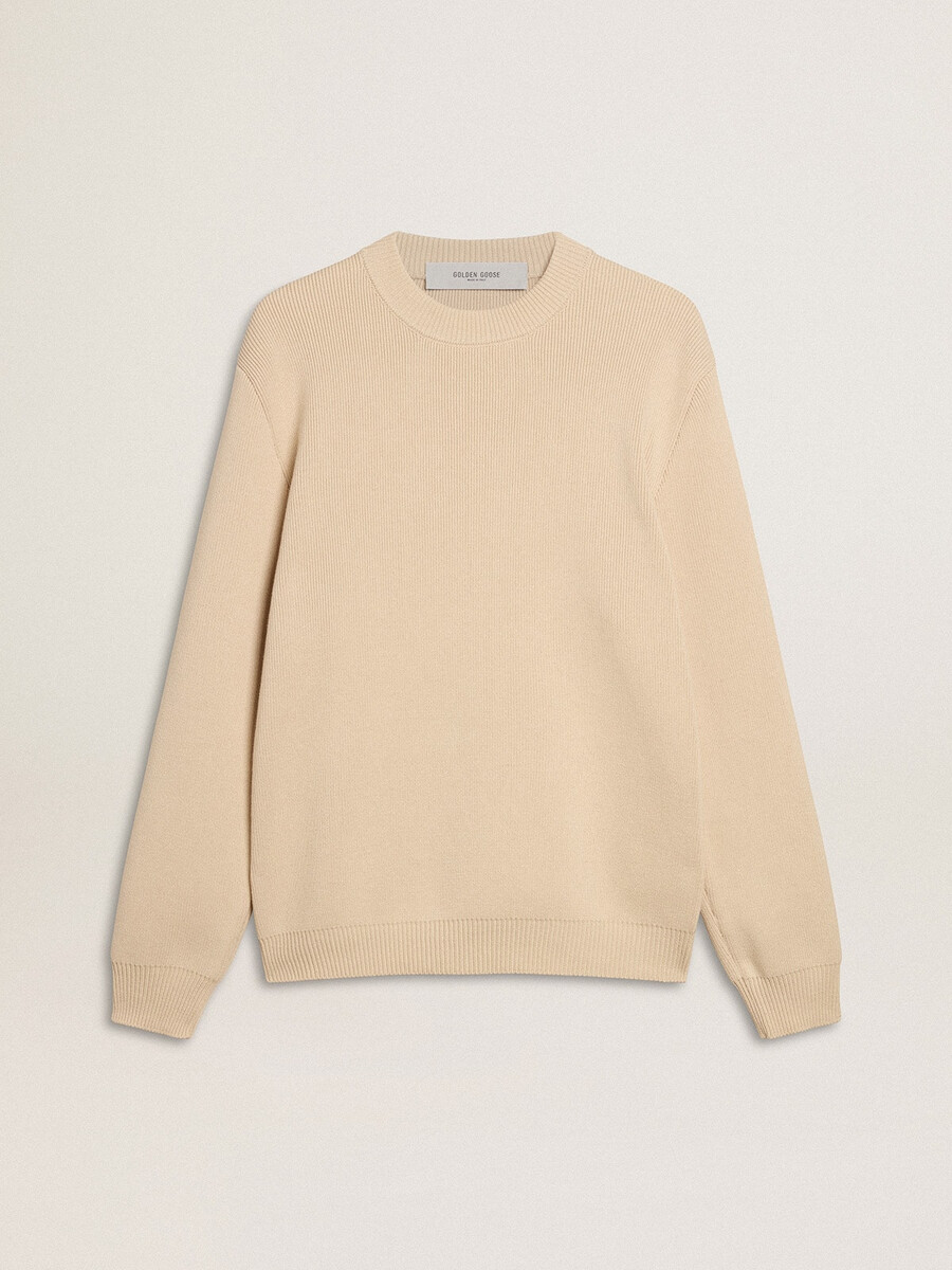 beige herentrui met ronde hals en golden-opdruk op de achterkant.