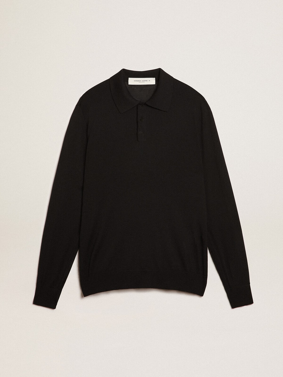 polo shirt met lange mouwen voor heren gemaakt van zwarte merinowol.
