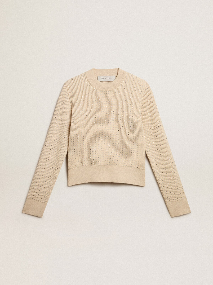 korte trui met ronde hals van beige wol volledig bedekt met kristallen.