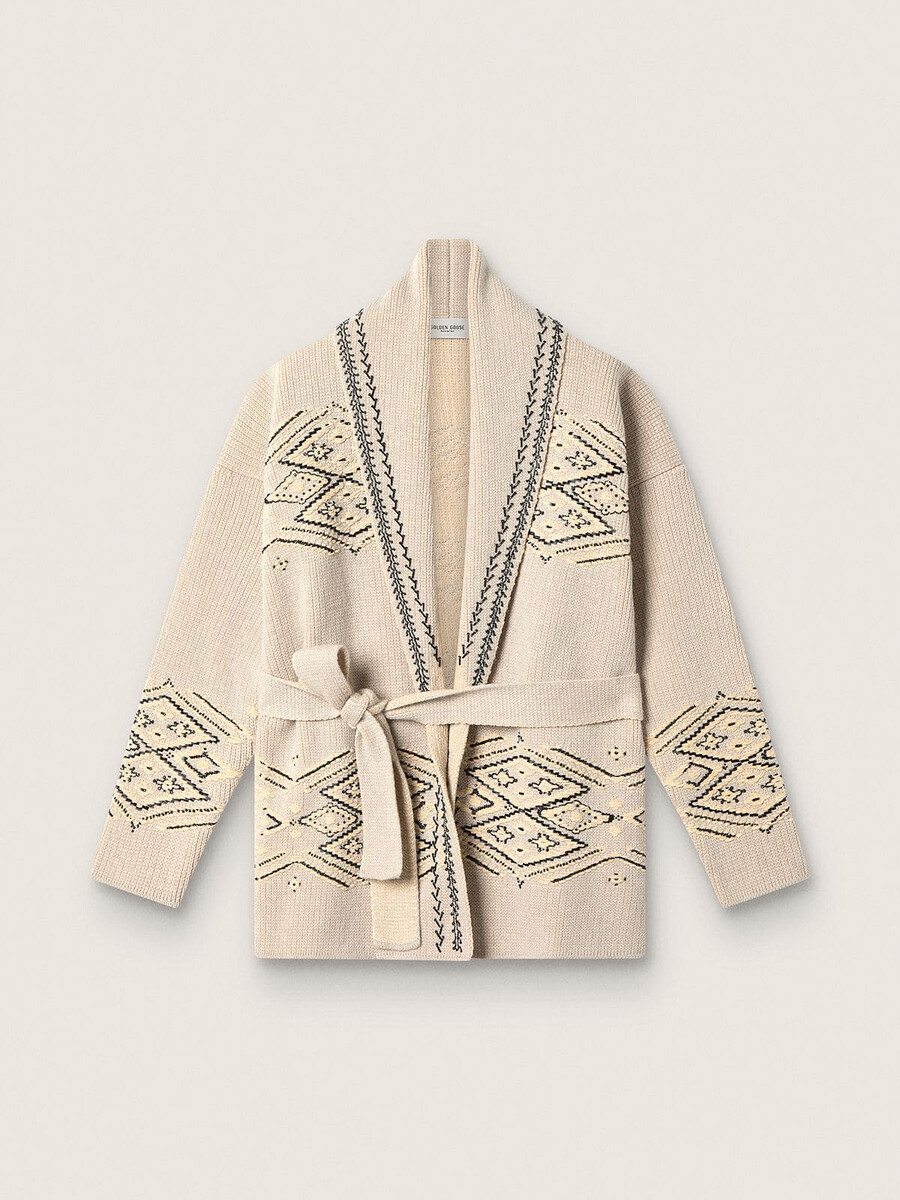 damesvest met ceintuur in beige wolmix met contrasterend borduurwerk