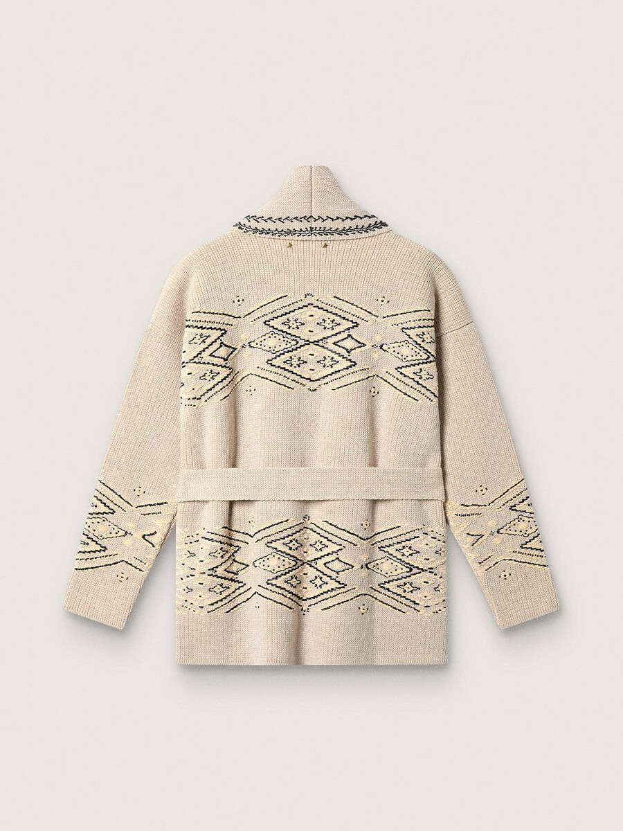 damesvest met ceintuur in beige wolmix met contrasterend borduurwerk