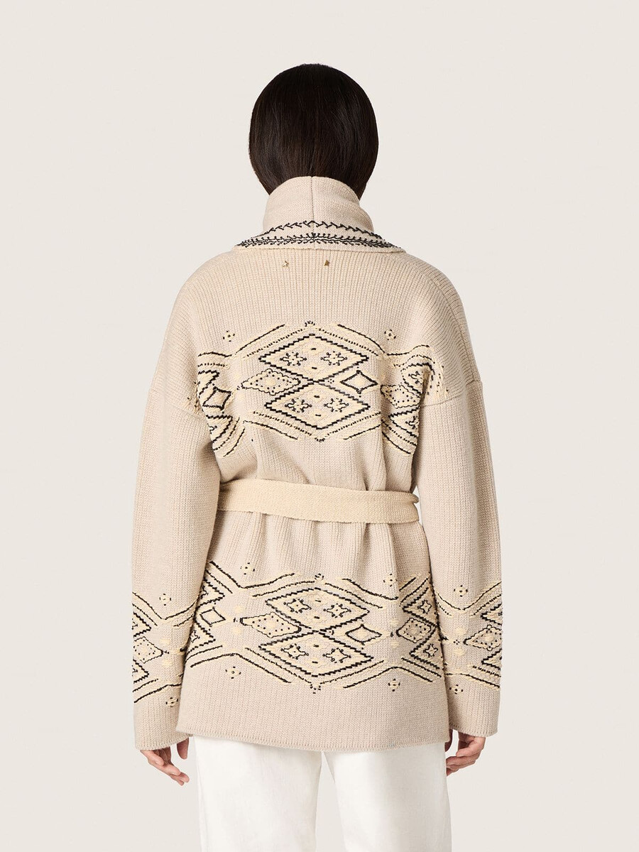 damesvest met ceintuur in beige wolmix met contrasterend borduurwerk