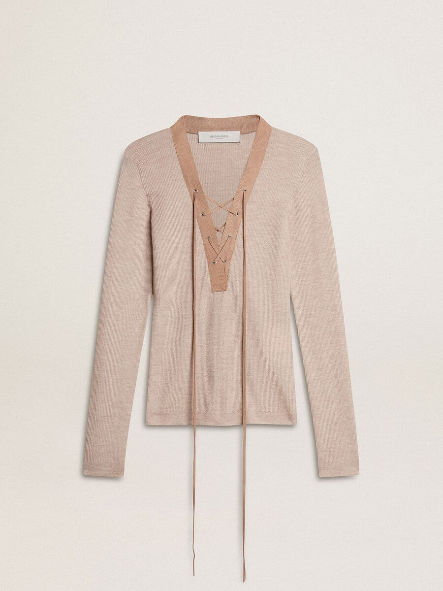 beige wollen trui met leren details