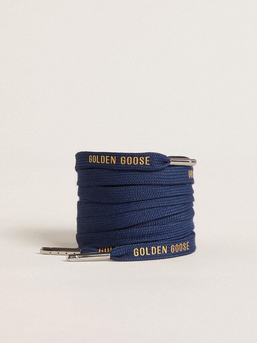 marineblauwe katoenen veters met contrasterend gouden logo