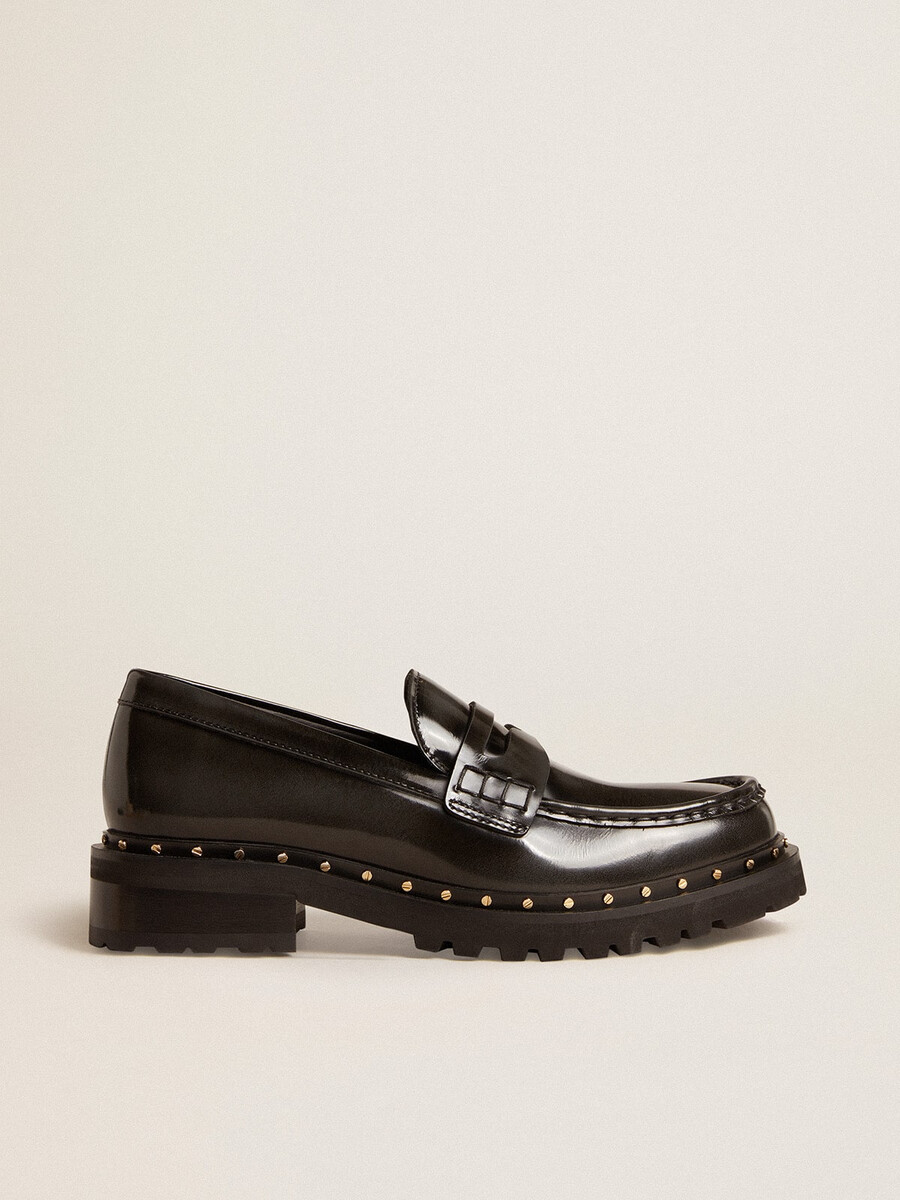 stoere damesloafers van zwart leer met studs