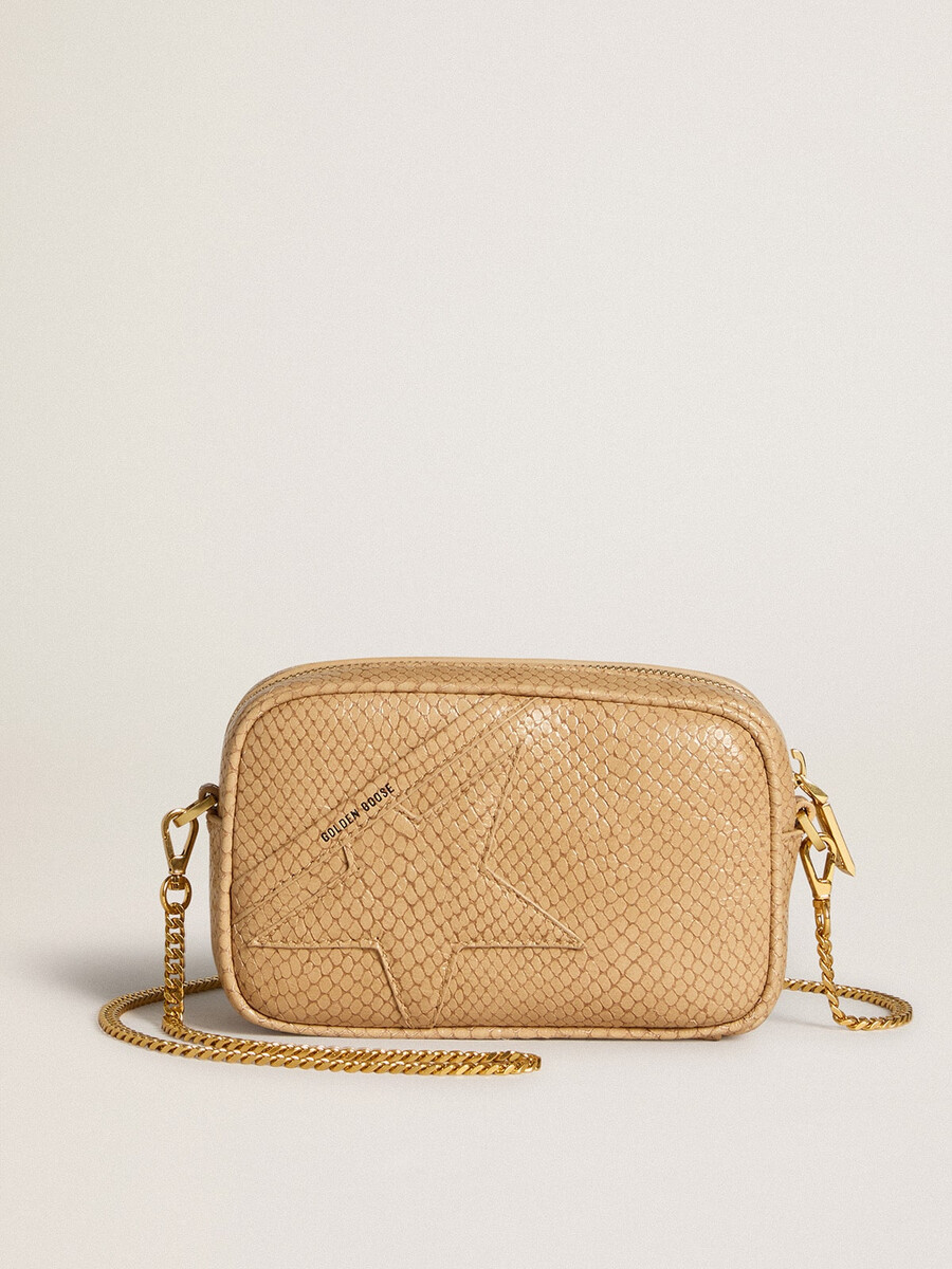 mini star-tasje van beige leer met slangenprint
