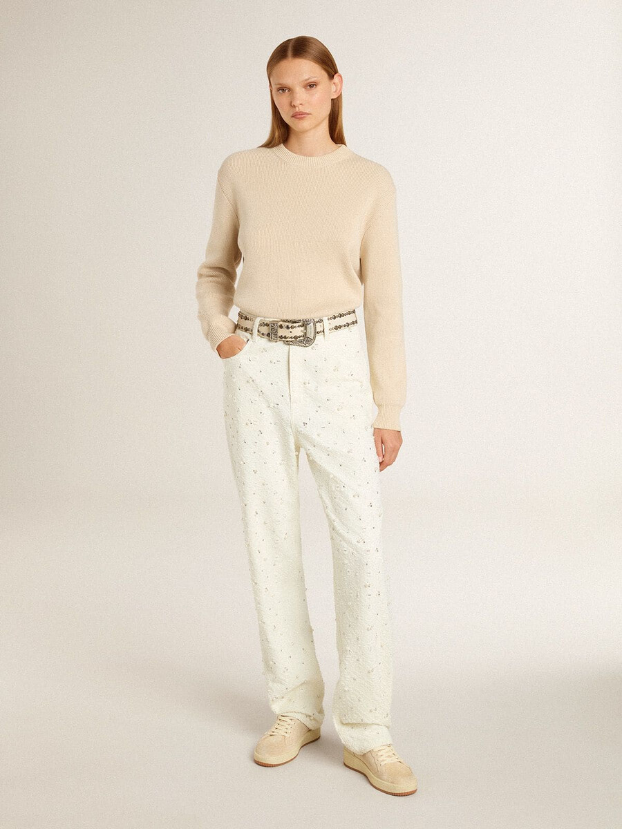 dames ball star in beige suède met witte leren ster en hielstuk.