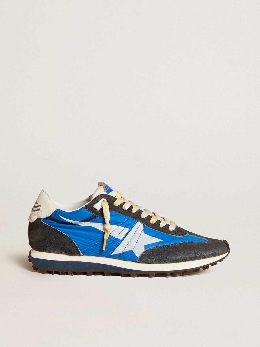 marathon herenschoen met blauw nylon bovenwerk en witte ster.
