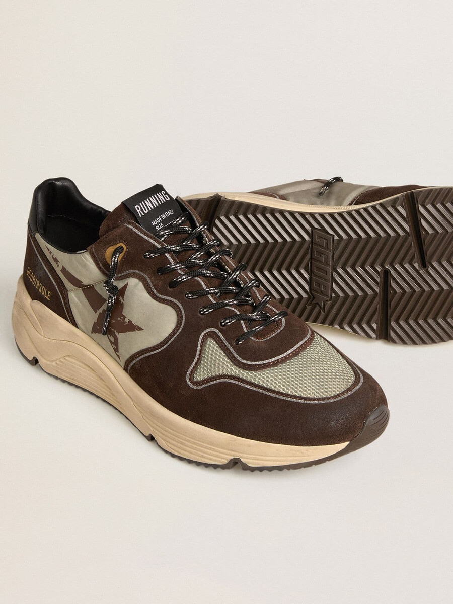 hardloopschoenzool voor heren van nylon en suède met bedrukte ster en leren hielstuk.