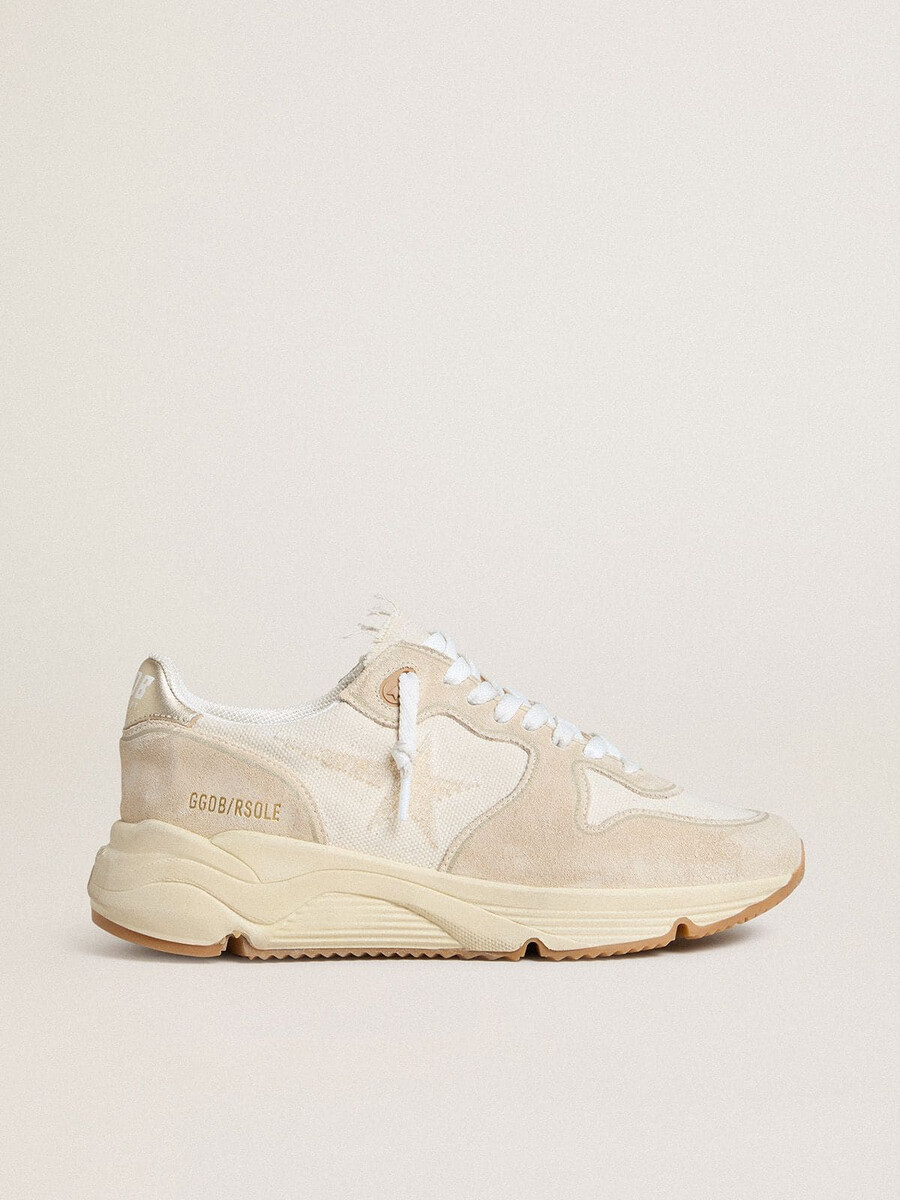 dames hardloopschoenzool van canvas met beige ster en platina metallic leren hielstuk.