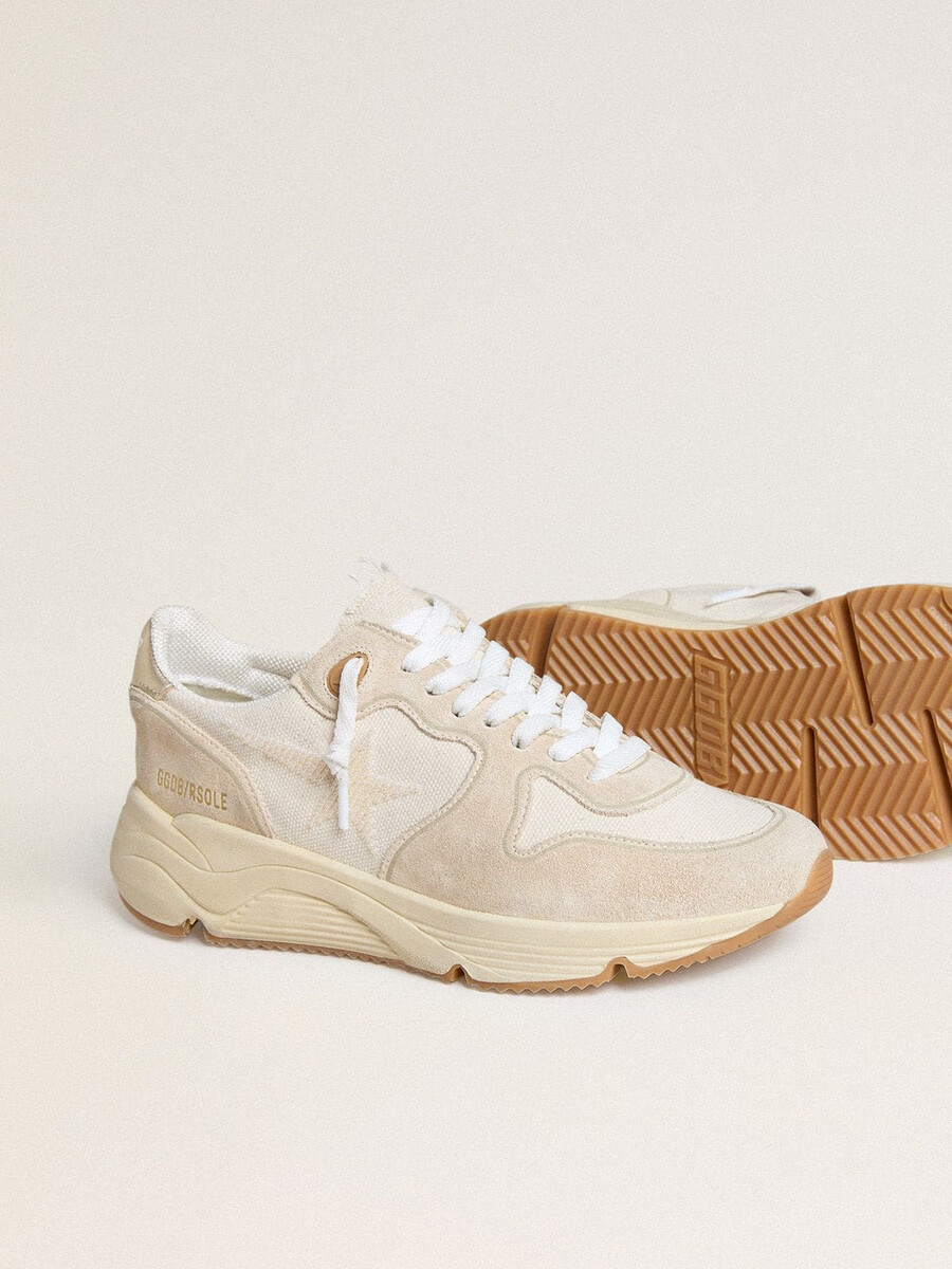dames hardloopschoenzool van canvas met beige ster en platina metallic leren hielstuk.
