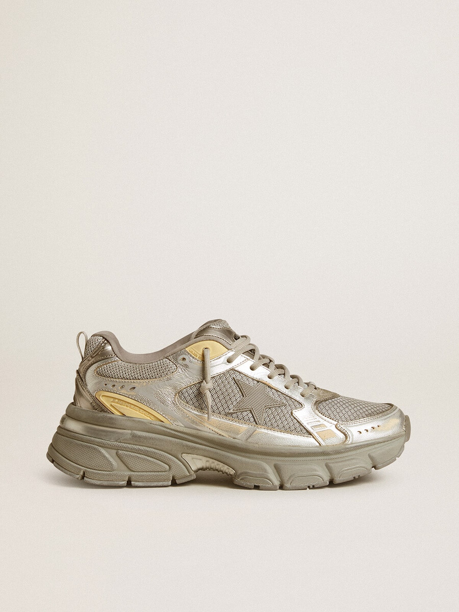 dames lightstar in metallic leer en zilverkleurig mesh met grijze ster