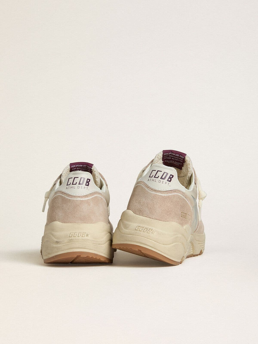 dames hardloopschoenzool van nylon en suède met zilverkleurige sterprint en leren hielstuk.