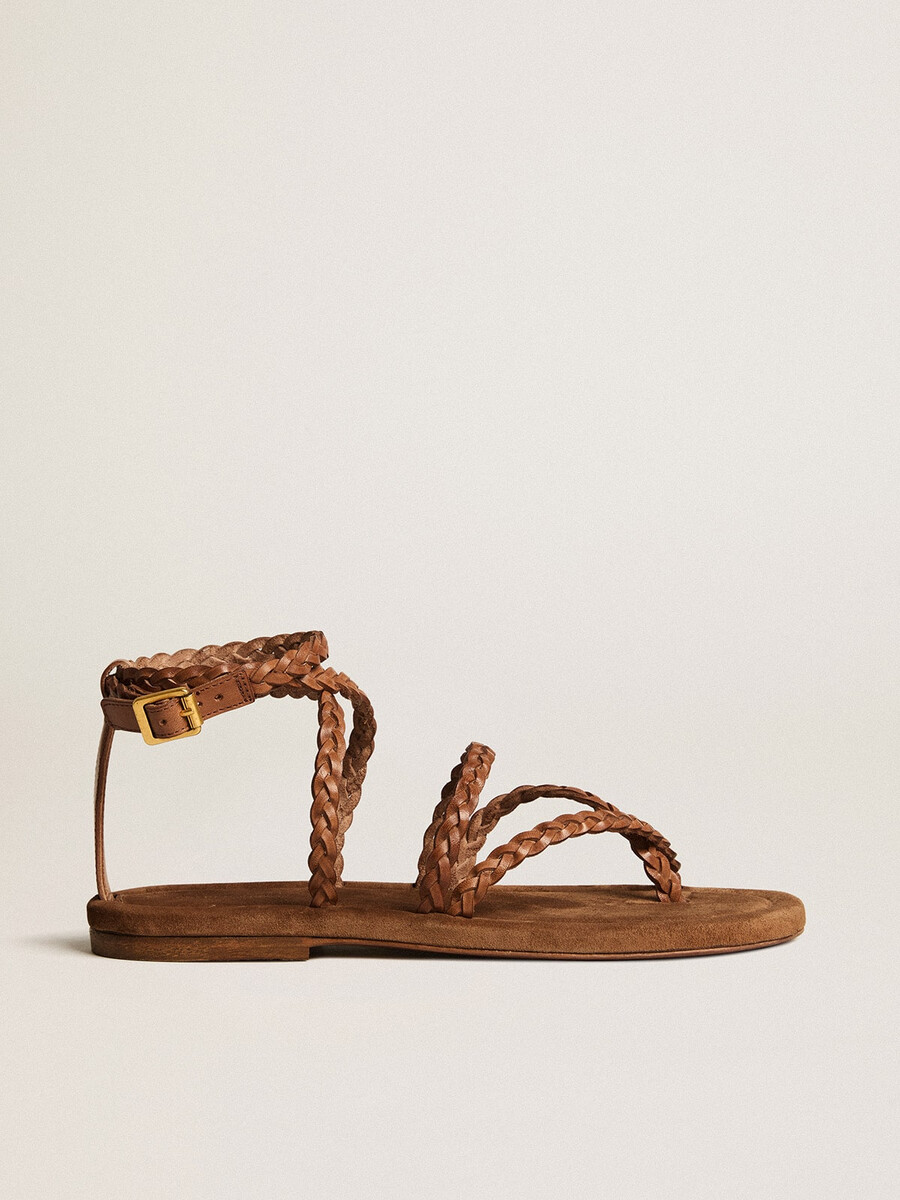 platte penelope-sandalen voor dames in tabakskleurig leer met suède zool.