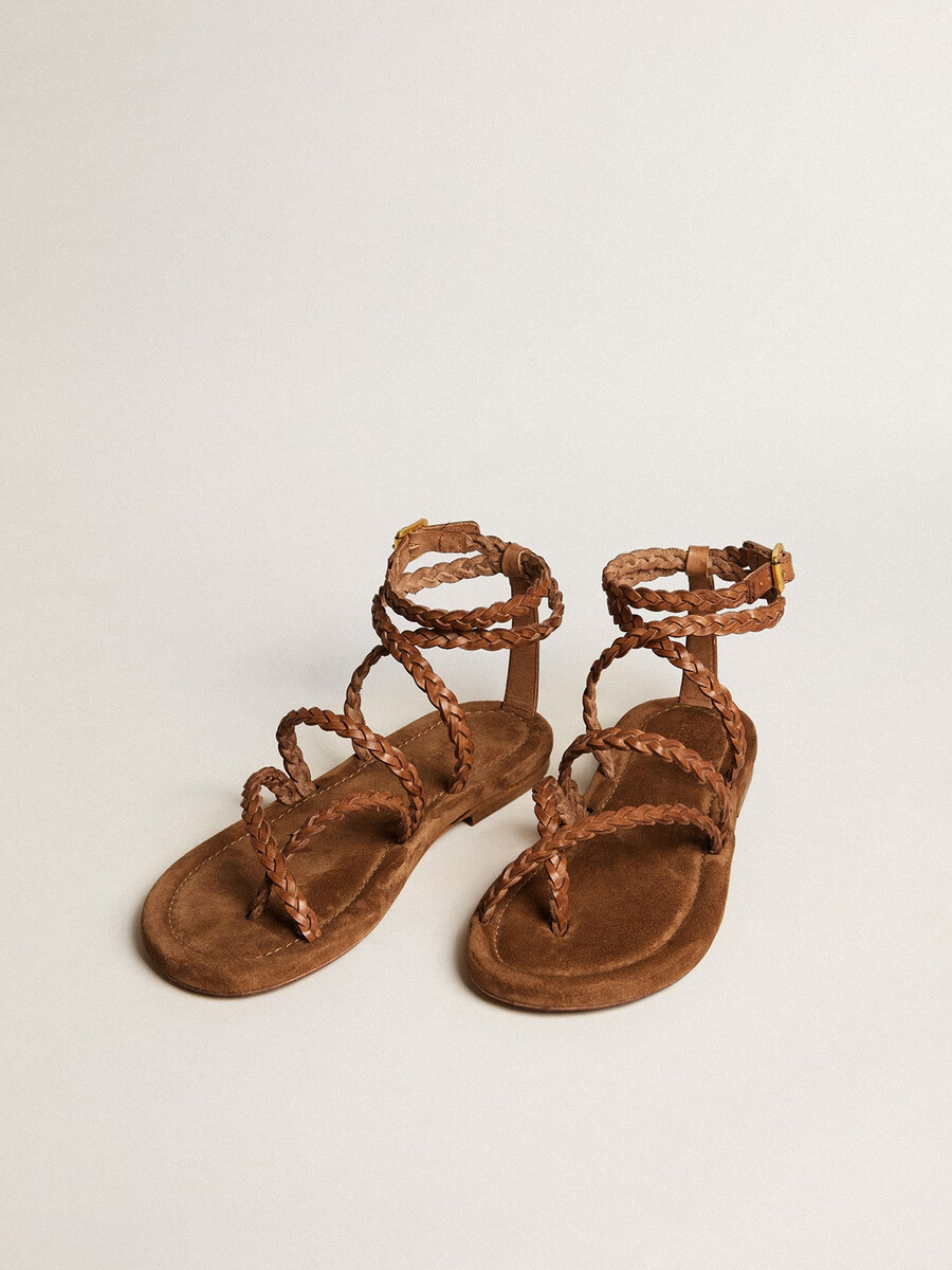 platte penelope-sandalen voor dames in tabakskleurig leer met suède zool.