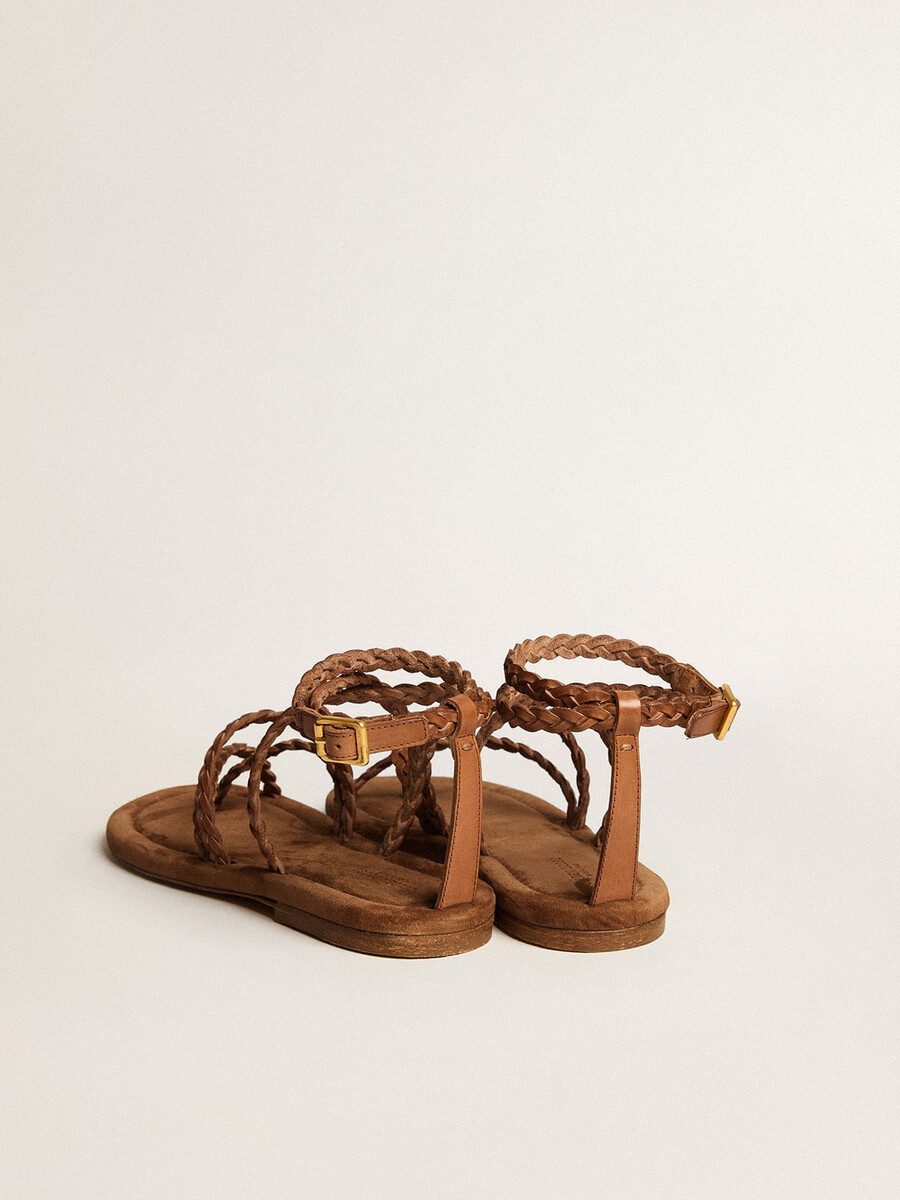 platte penelope-sandalen voor dames in tabakskleurig leer met suède zool.
