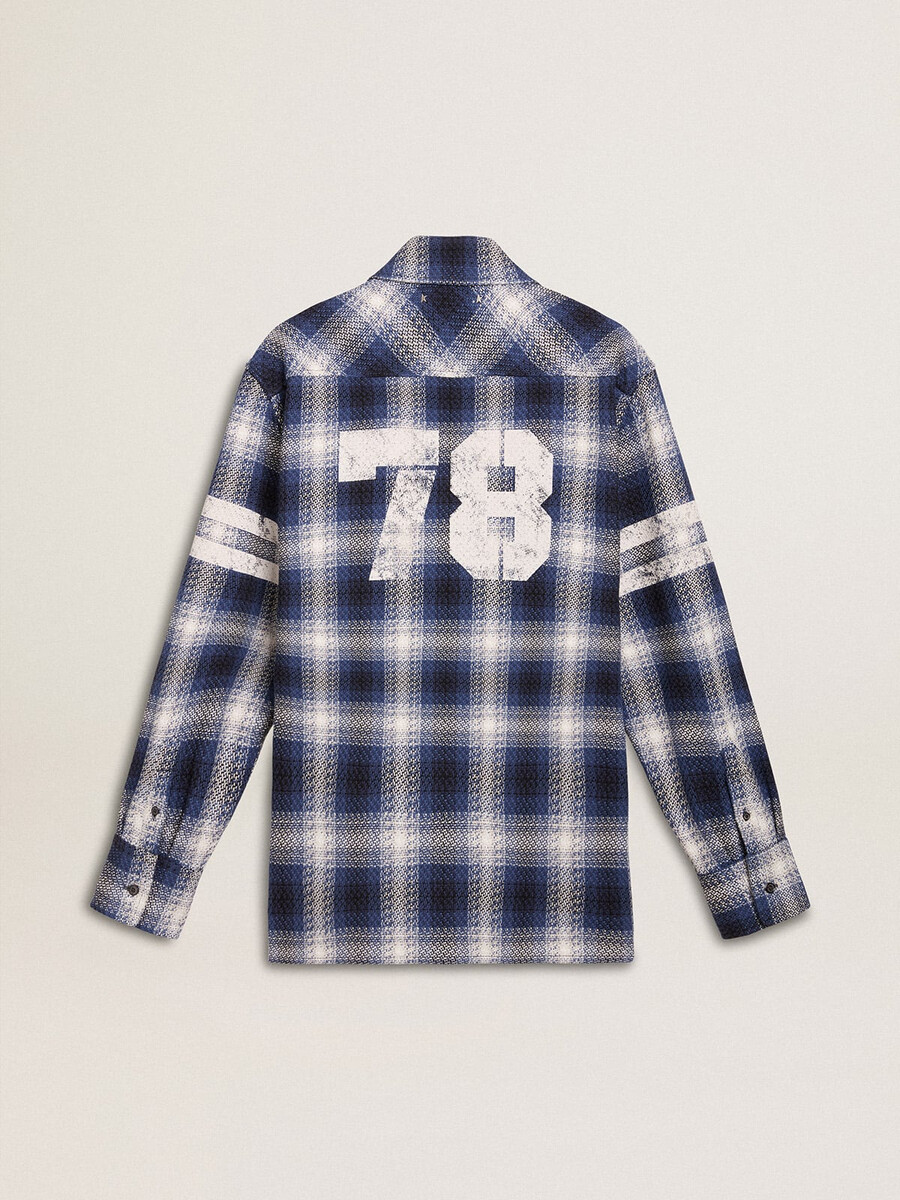 blauw herenoverhemd met 3d-ruitpatroon en print op de achterkant.