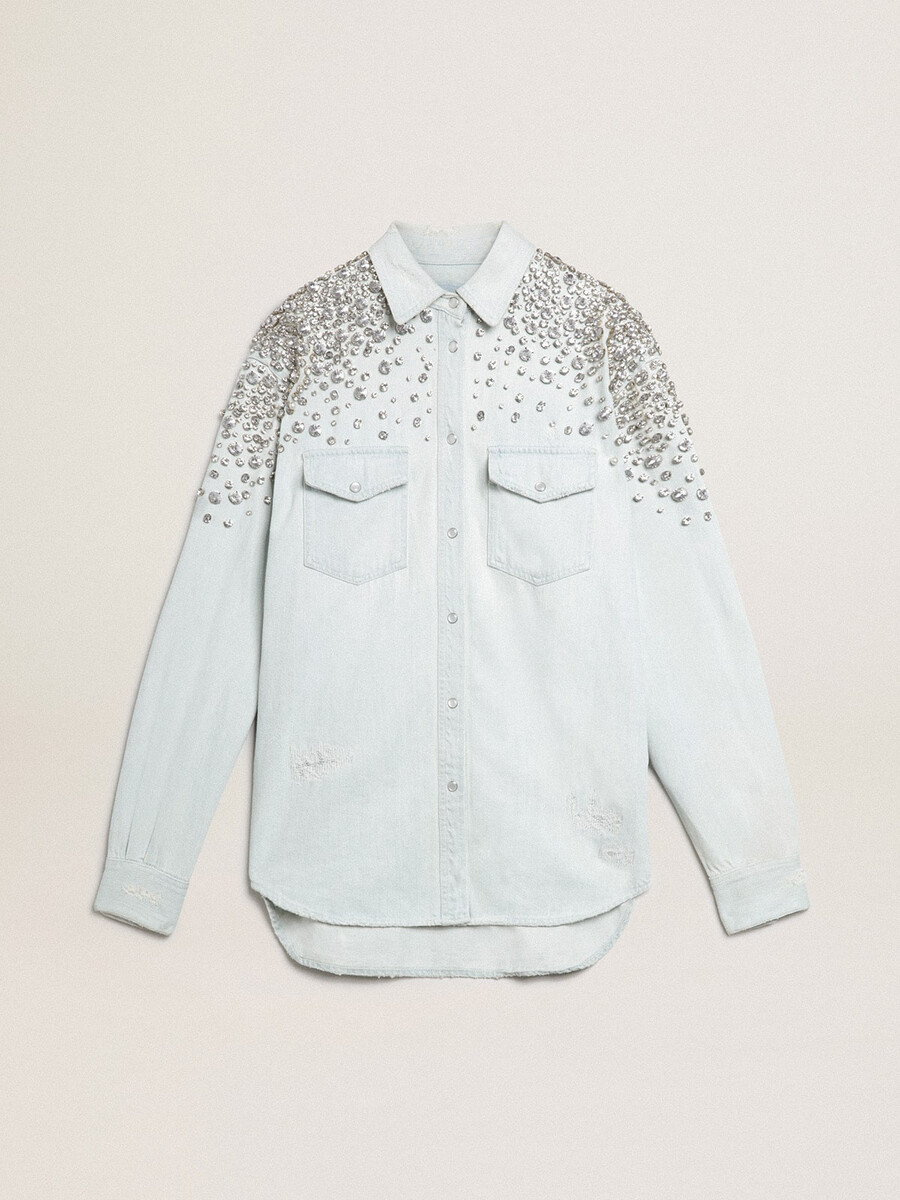 dames boyfriend-shirt van gebleekt leer met cabochonkristallen