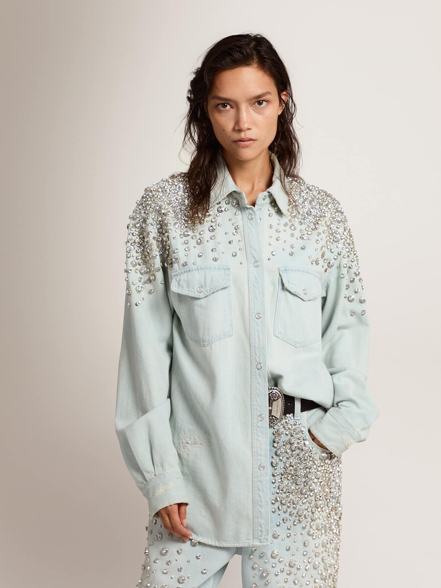 dames boyfriend-shirt van gebleekt leer met cabochonkristallen