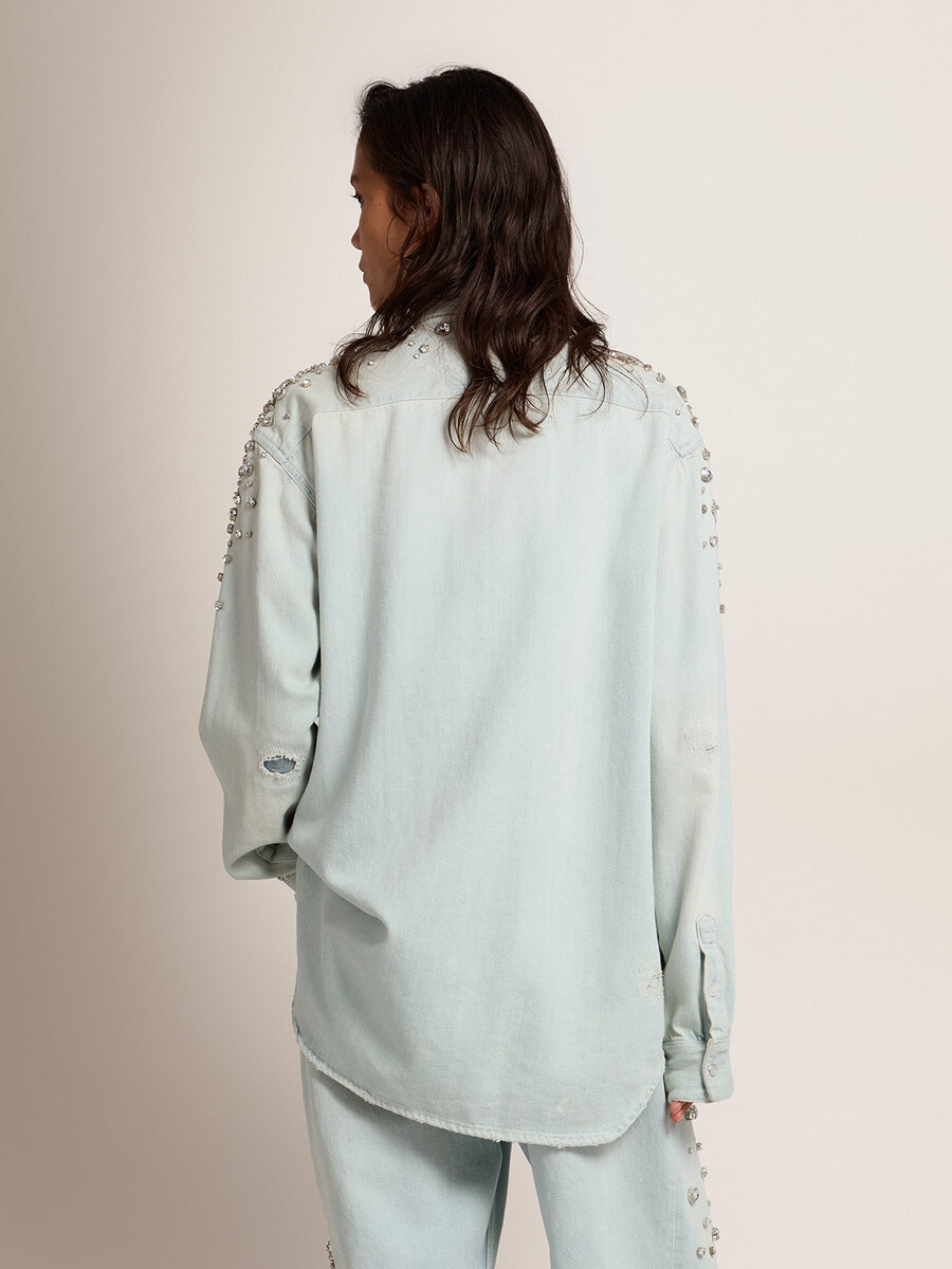 dames boyfriend-shirt van gebleekt leer met cabochonkristallen