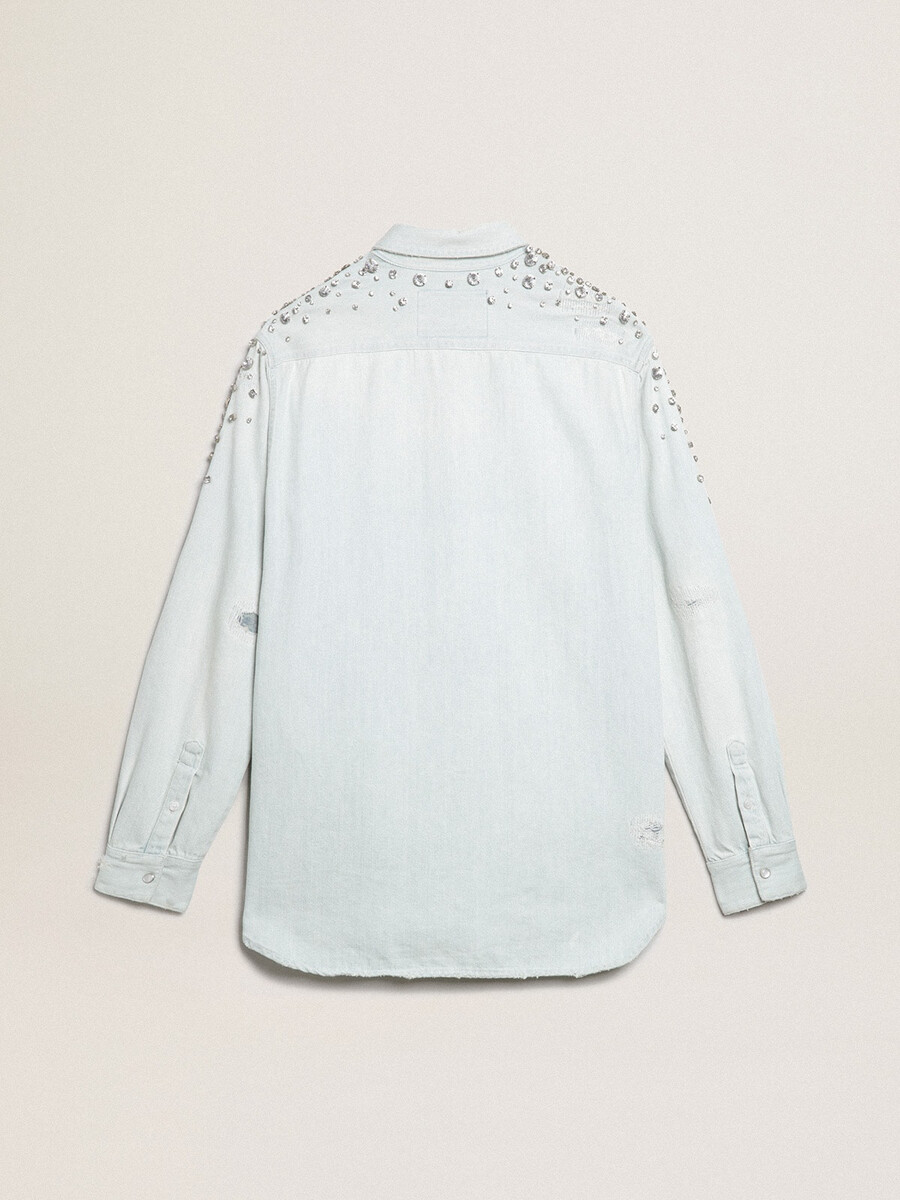 dames boyfriend-shirt van gebleekt leer met cabochonkristallen