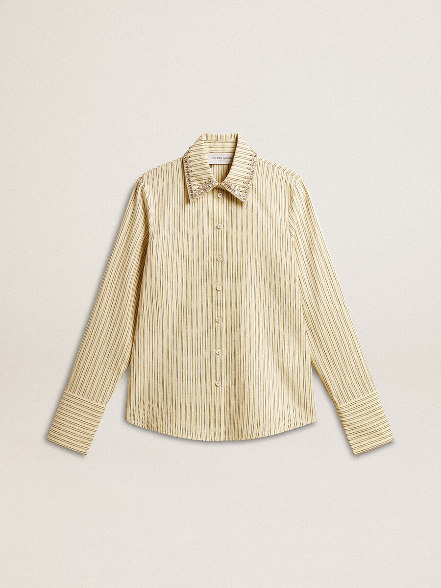 ecru shirt met strepen en geborduurde kristallen.