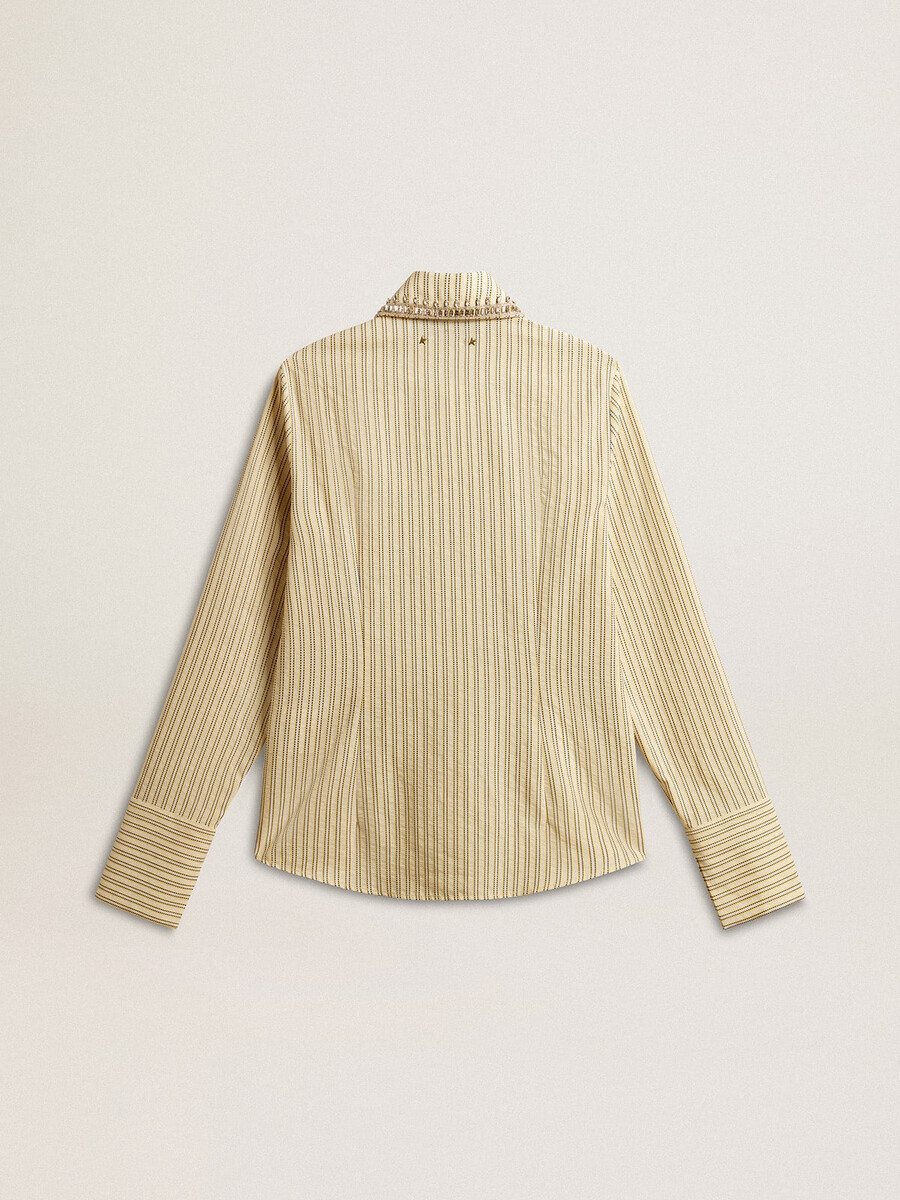 ecru shirt met strepen en geborduurde kristallen.