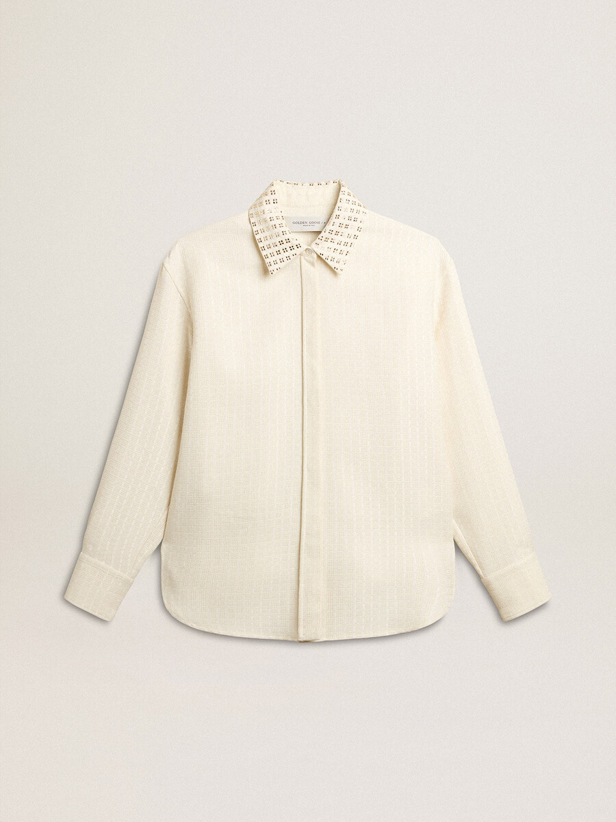 damesblouse van viscose en katoenmix met kraag versierd met kristallen.