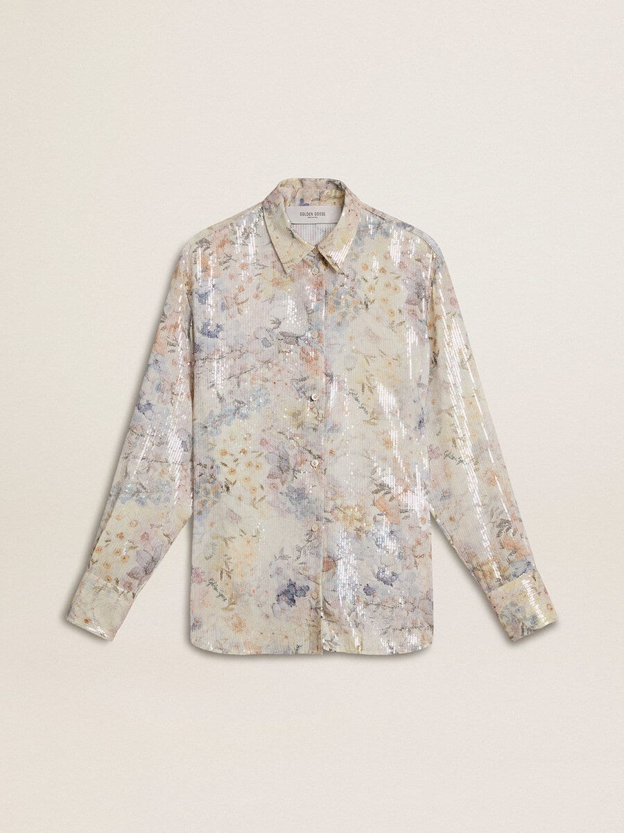 damesblouse met veelkleurige bloemenprint van pailletten.