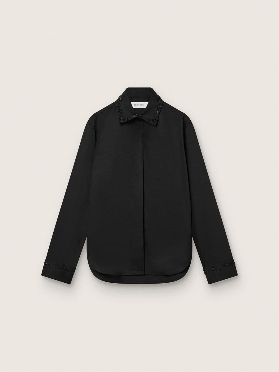 damesblouse van zwarte wollen keperstof met bloemenborduurwerk van glaskralen.