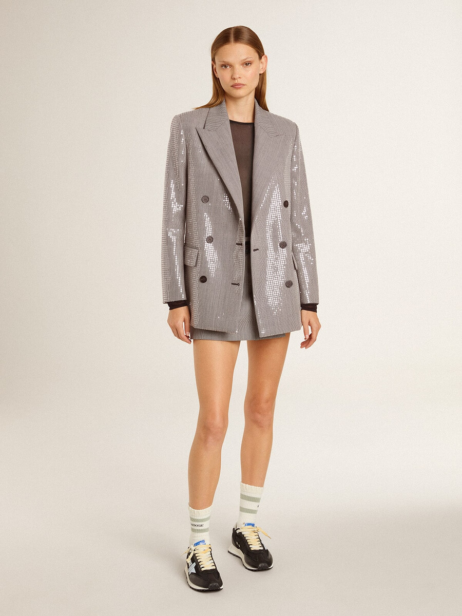 grijze damesminishorts van wol met pied-de-pouleprint