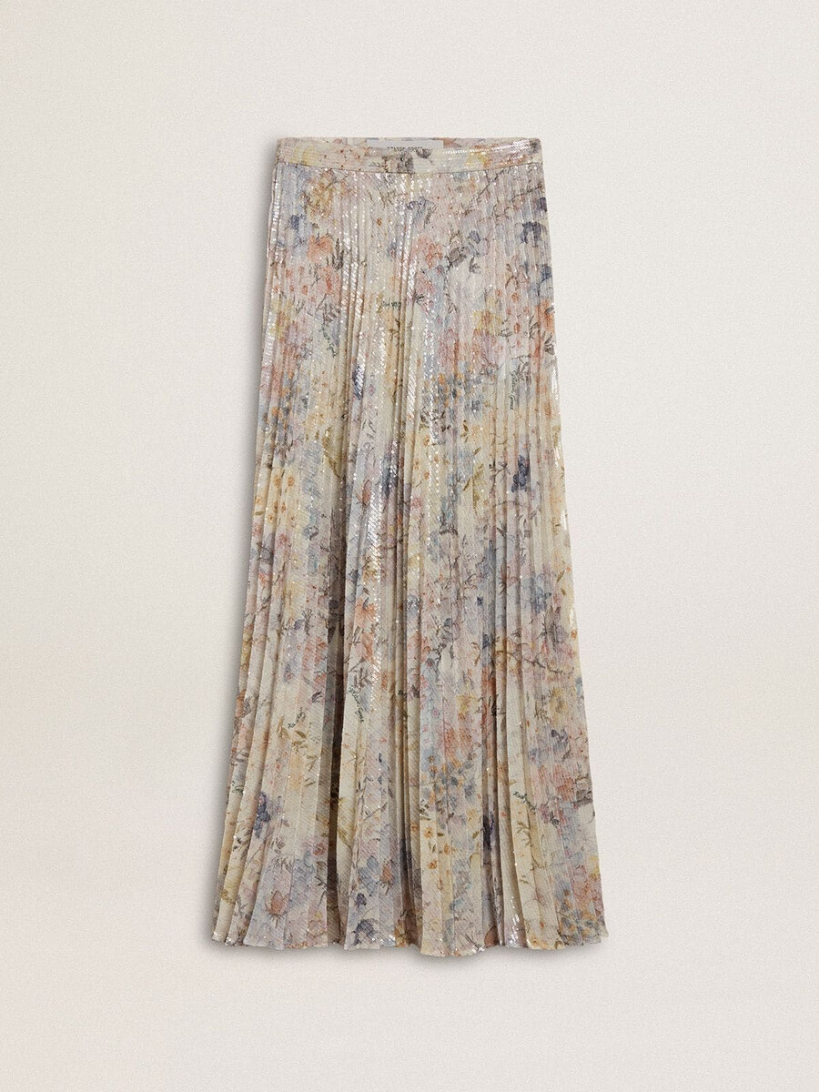 lange geplooide damesrok met veelkleurige bloemenprint van pailletten.
