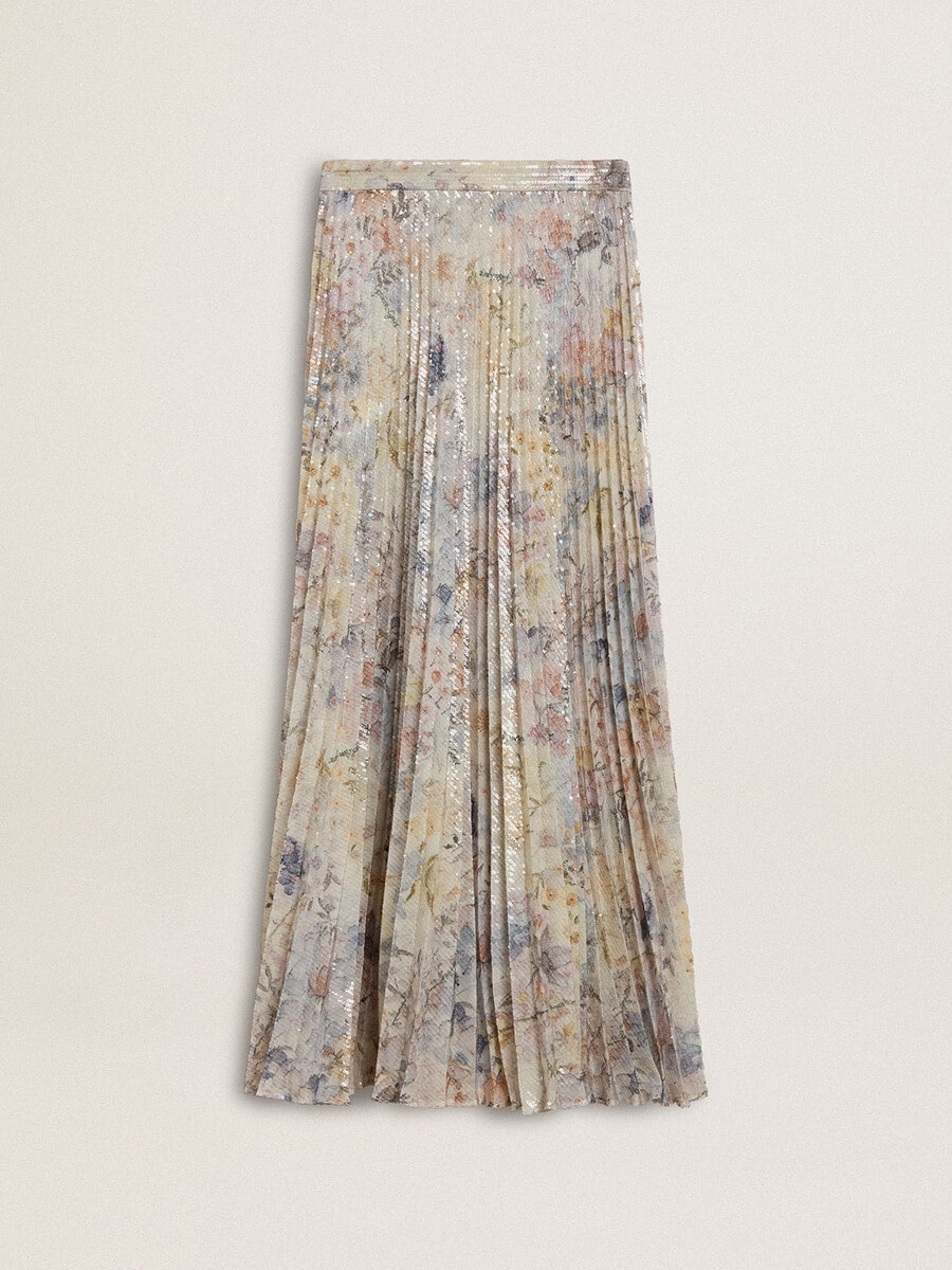 lange geplooide damesrok met veelkleurige bloemenprint van pailletten.