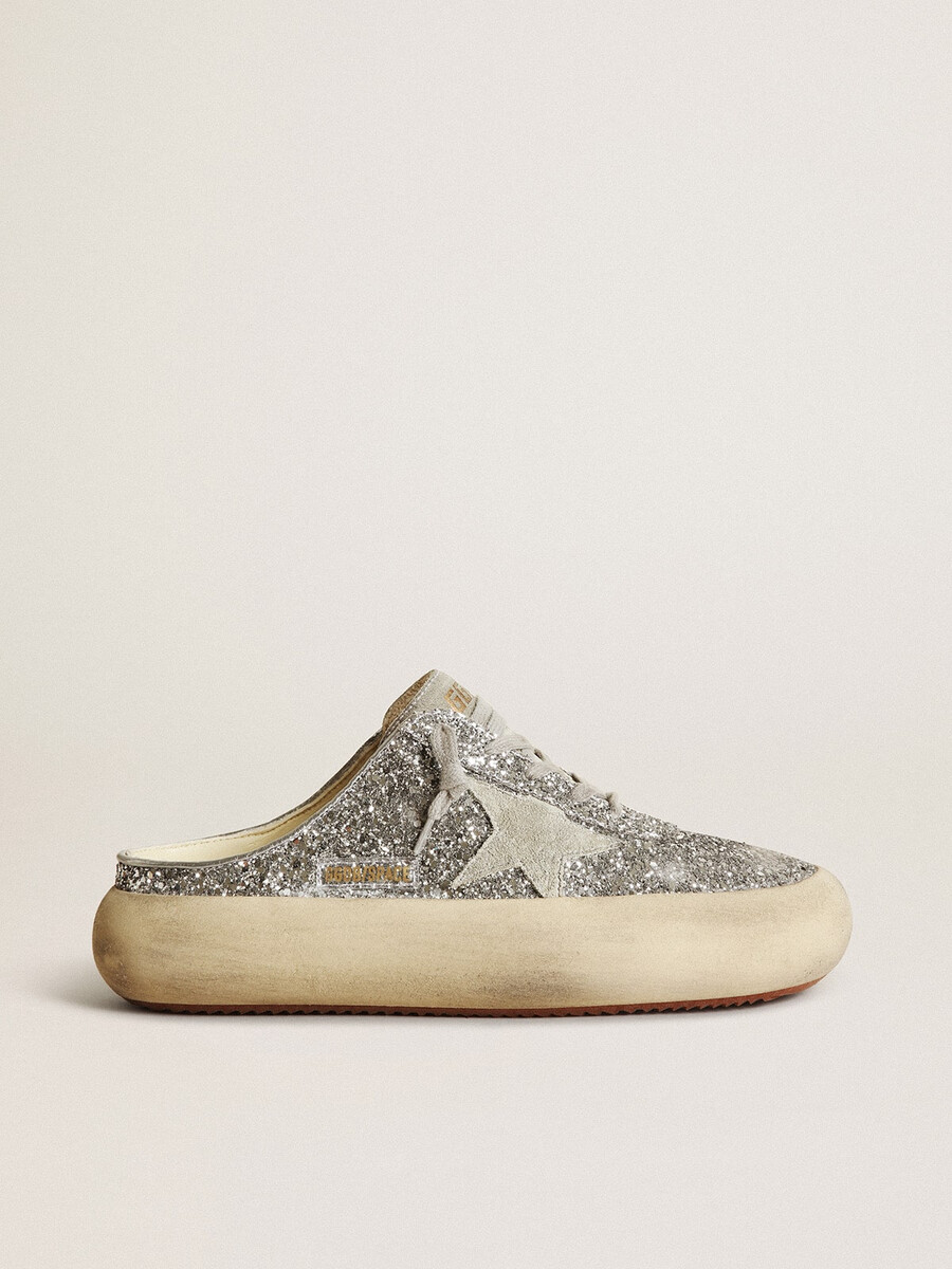 dames space-star sabot in glitter met ijsgrijze ster en lipje