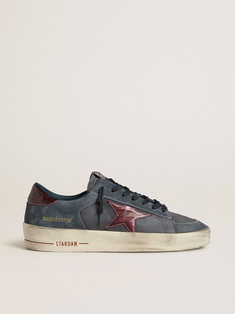 stardan ltd herenschoen in antraciet nubuck en blauw suède met metallic leren ster.