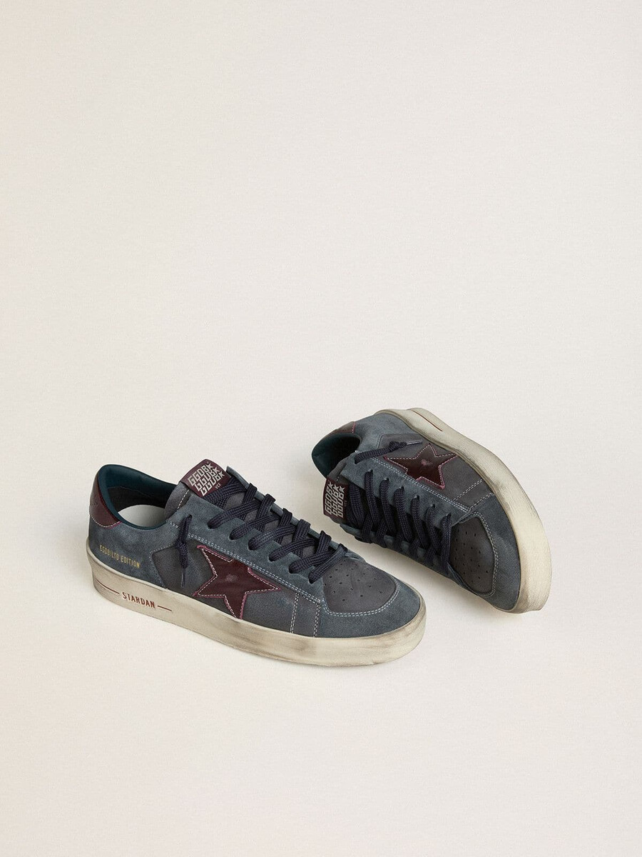 stardan ltd herenschoen in antraciet nubuck en blauw suède met metallic leren ster.