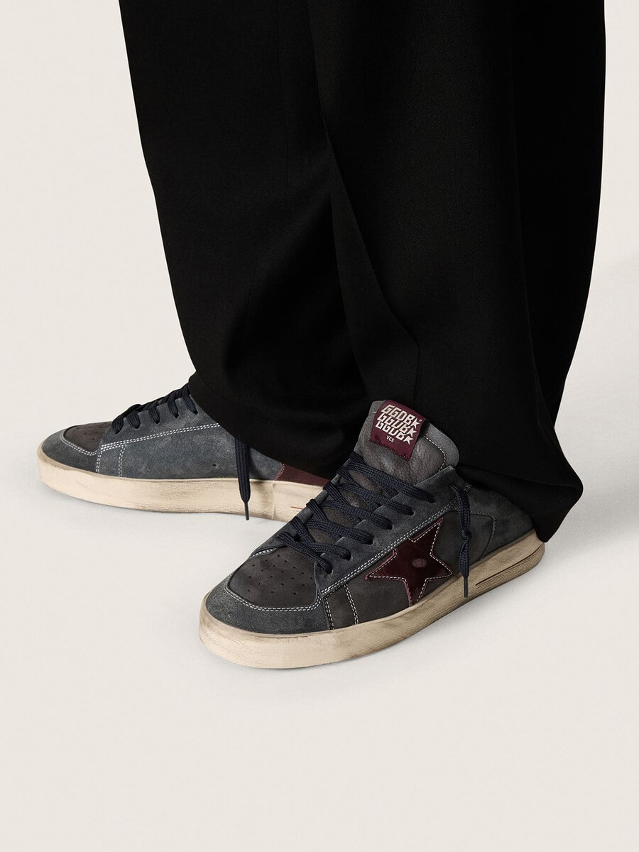 stardan ltd herenschoen in antraciet nubuck en blauw suède met metallic leren ster.