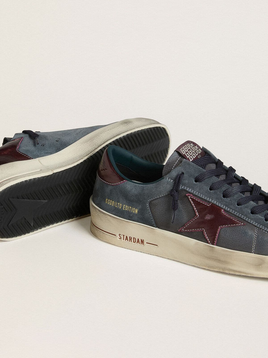 stardan ltd herenschoen in antraciet nubuck en blauw suède met metallic leren ster.