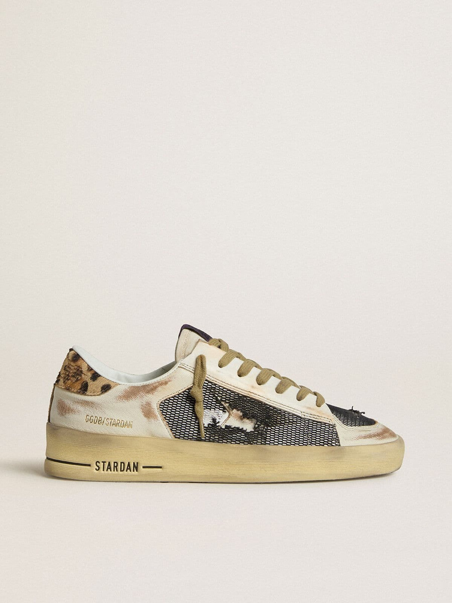 dames stardan van nappaleer en mesh met hielstuk van ponyhuid met luipaardprint