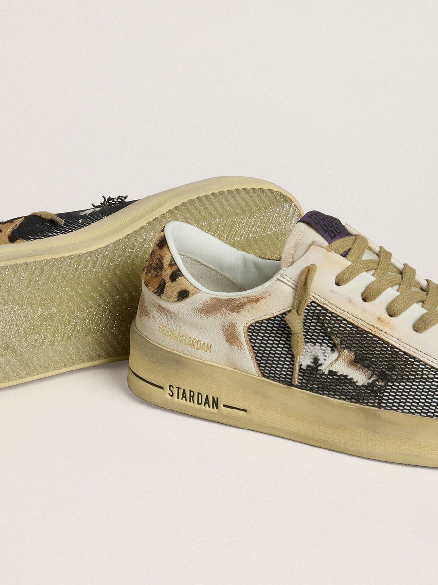 dames stardan van nappaleer en mesh met hielstuk van ponyhuid met luipaardprint
