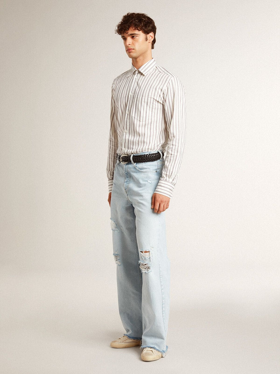 heren super-star in leer met zwarte denim ster en zwarte leren hielstuk.