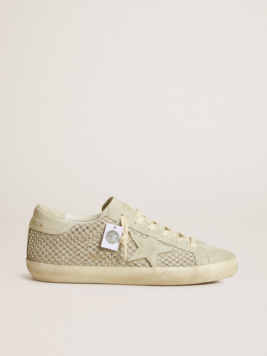 dames superster met grijze suède ster en swarovski kristallen mesh.