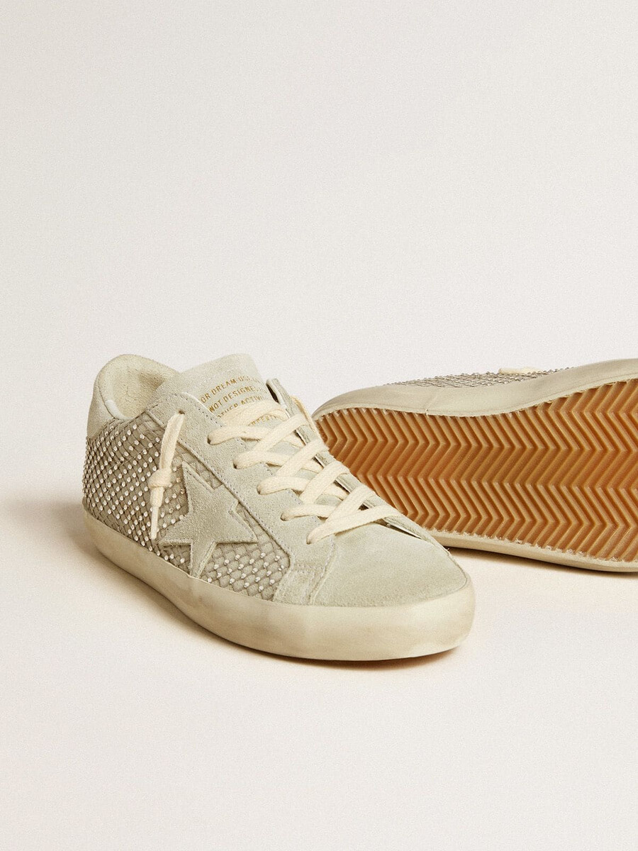 dames superster met grijze suède ster en swarovski kristallen mesh.