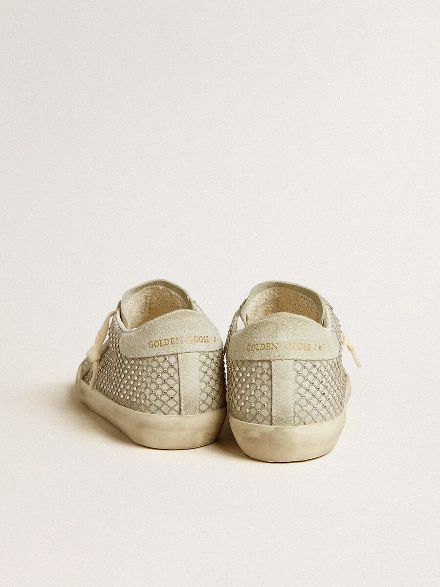 dames superster met grijze suède ster en swarovski kristallen mesh.
