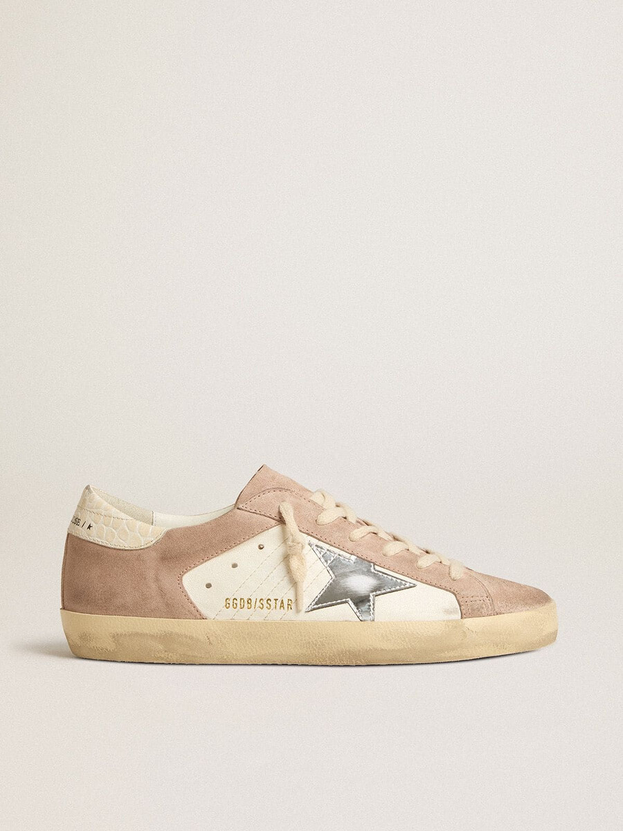 super-star sneakers voor dames in roze suède met een zilverkleurige metallic leren ster.