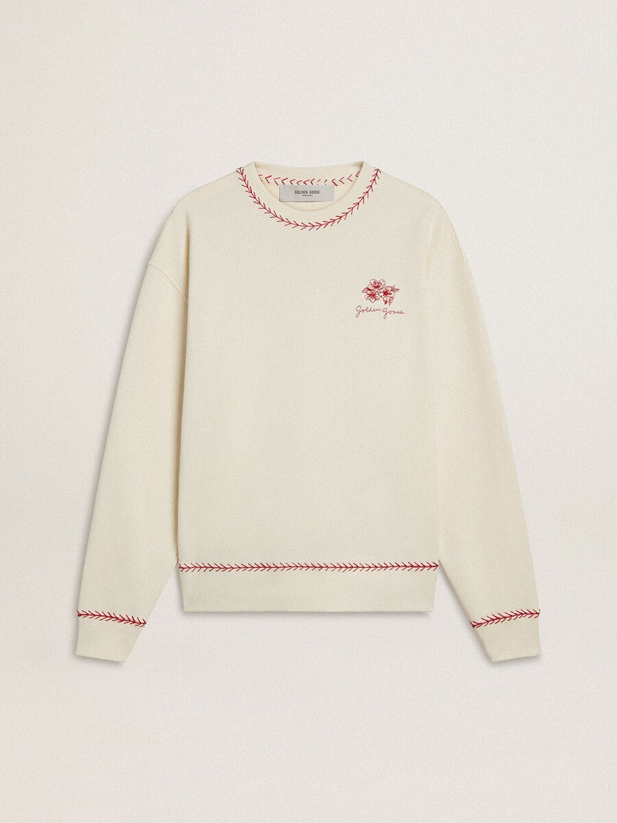 chinees nieuwjaar-sweatshirt van verwassen wit katoen met rode borduursels.