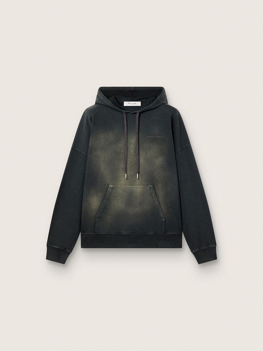 unisex hoodie van zwart katoen met een gebleekt effect.