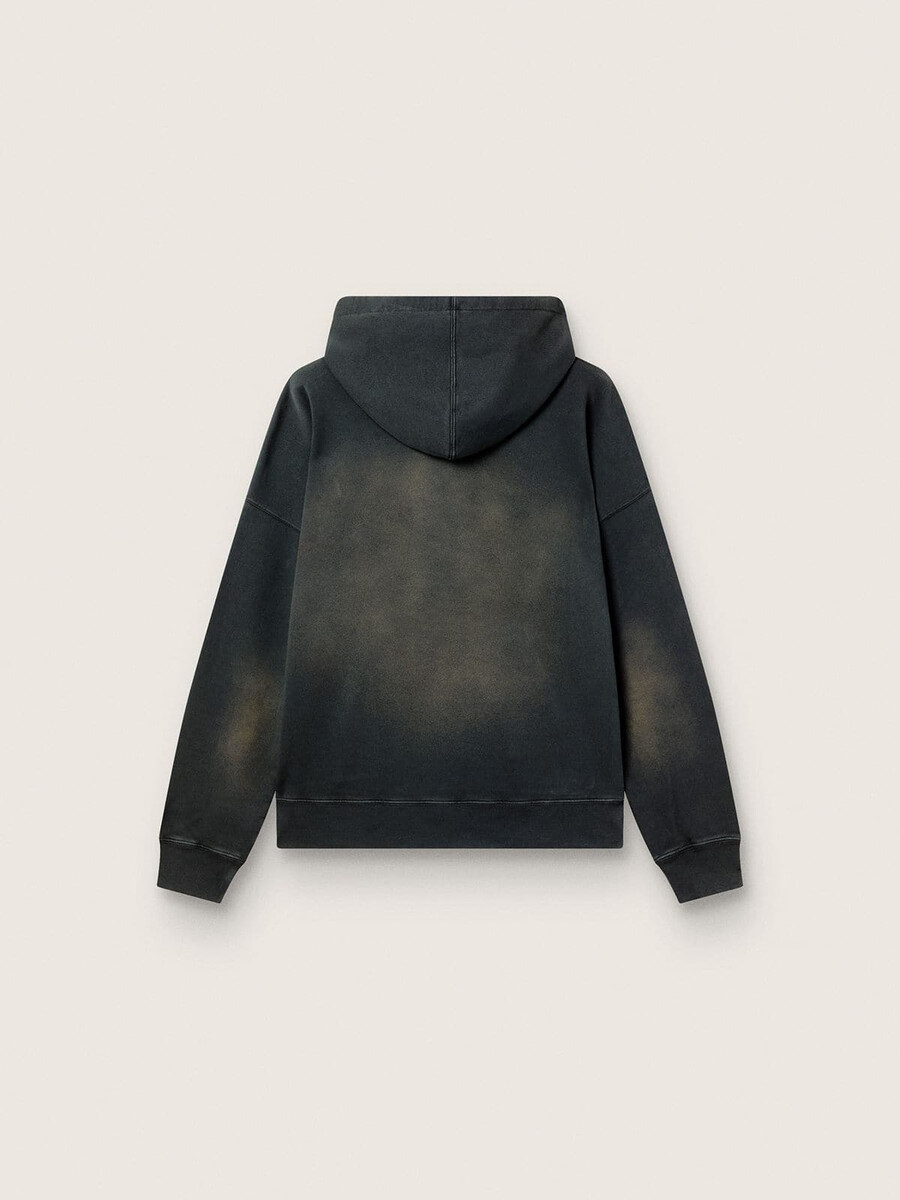 unisex hoodie van zwart katoen met een gebleekt effect.
